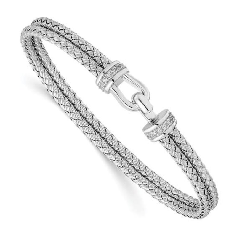 Sterling Silver Rhodium-platated Polished CZ Double Woven Flexible Cuff