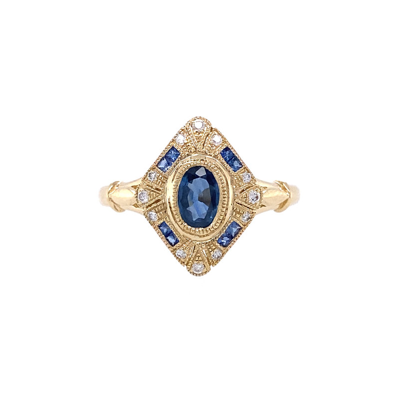 14K Yellow Gold Vintage Inspired Sapphire and Diamond Ring