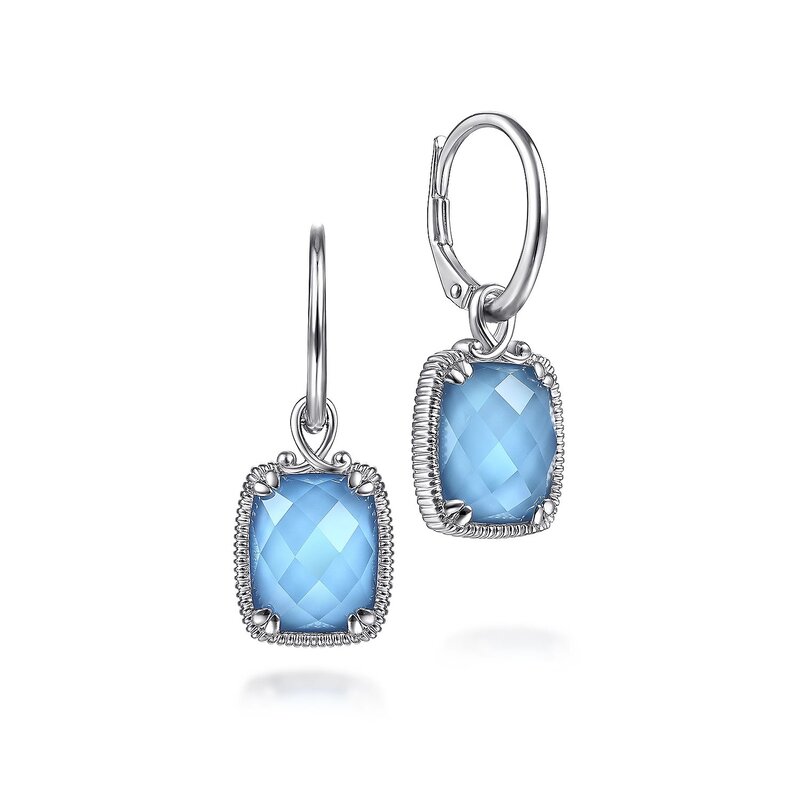 Sterling Silver Rock Crystal Turquoise Long Cushion Drop Earrings