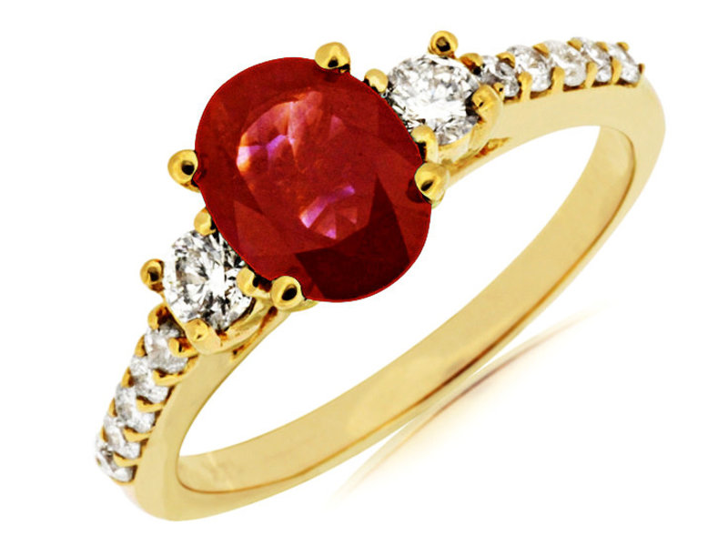 14K Yellow Gold Ruby and Diamond Three Stone Ring