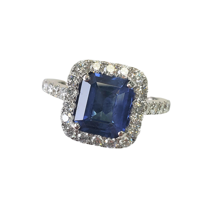 18K White Gold Sapphire and Diamond Halo Ring