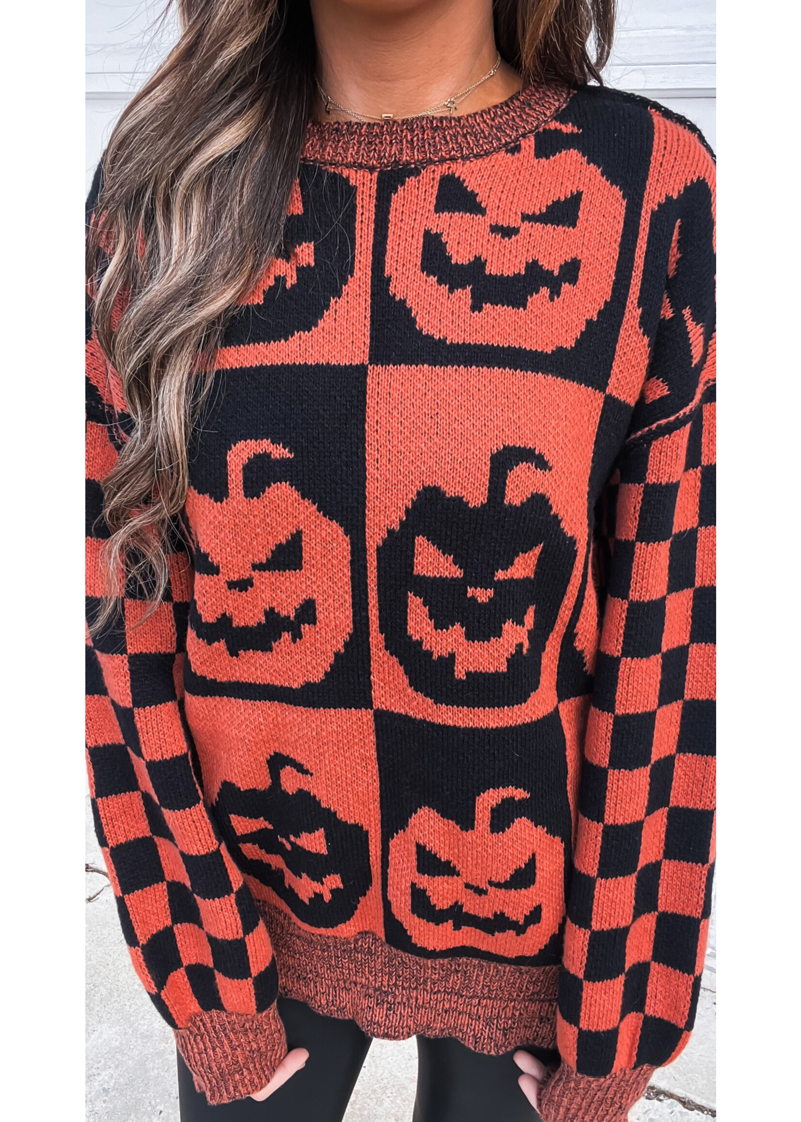Pumpkin Oversized Checkered Sweater