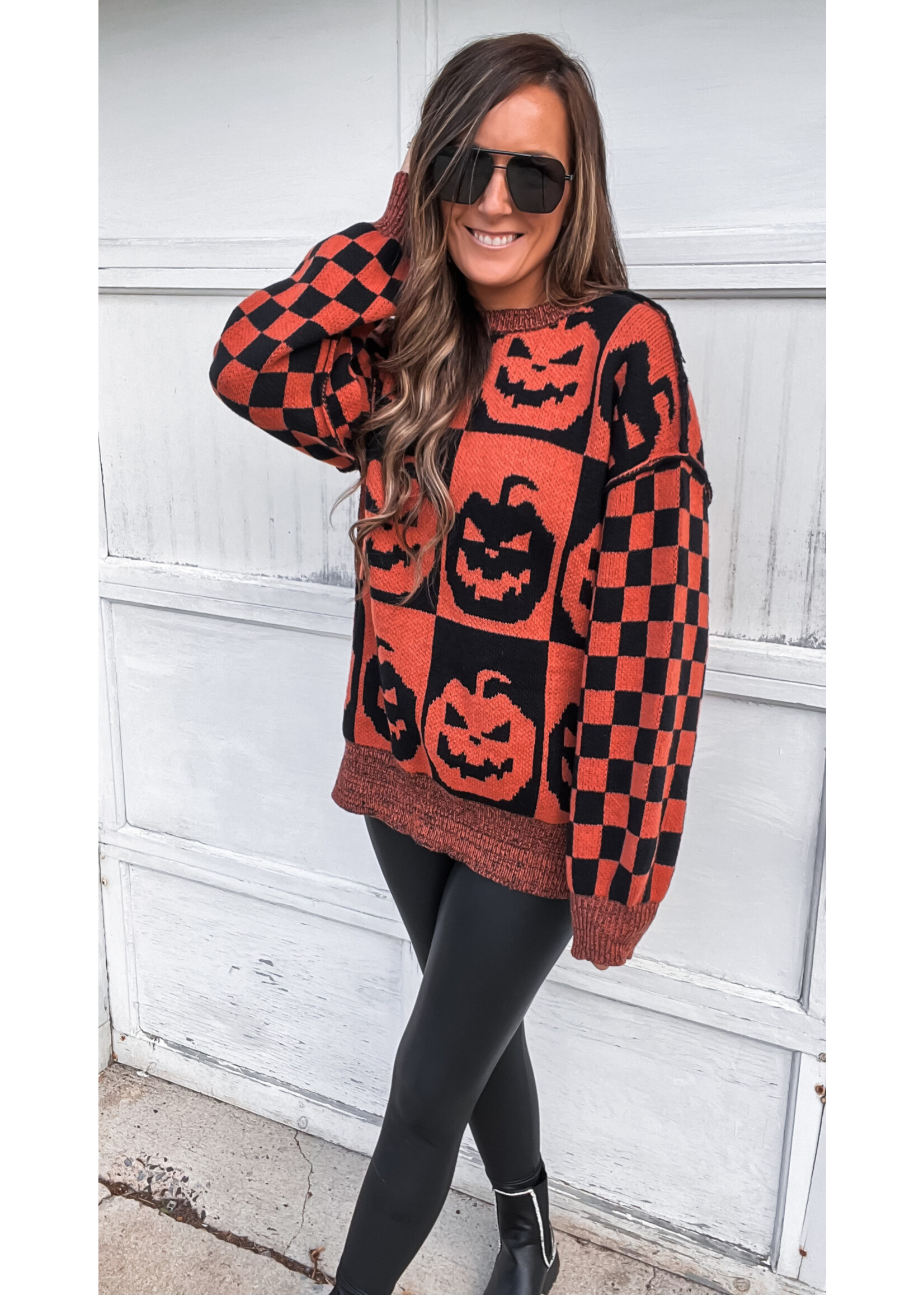 Pumpkin Oversized Checkered Sweater