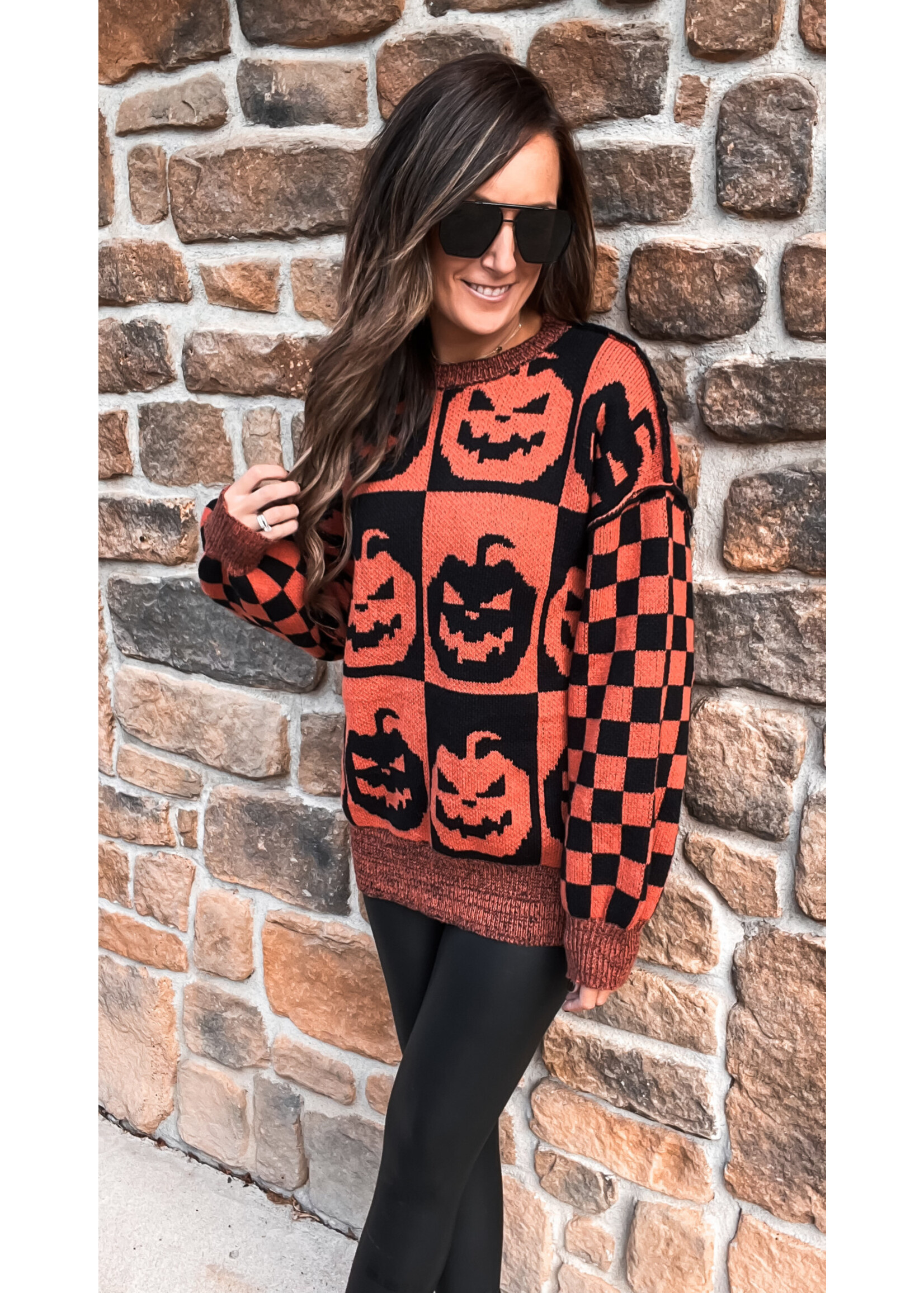 Pumpkin Oversized Checkered Sweater