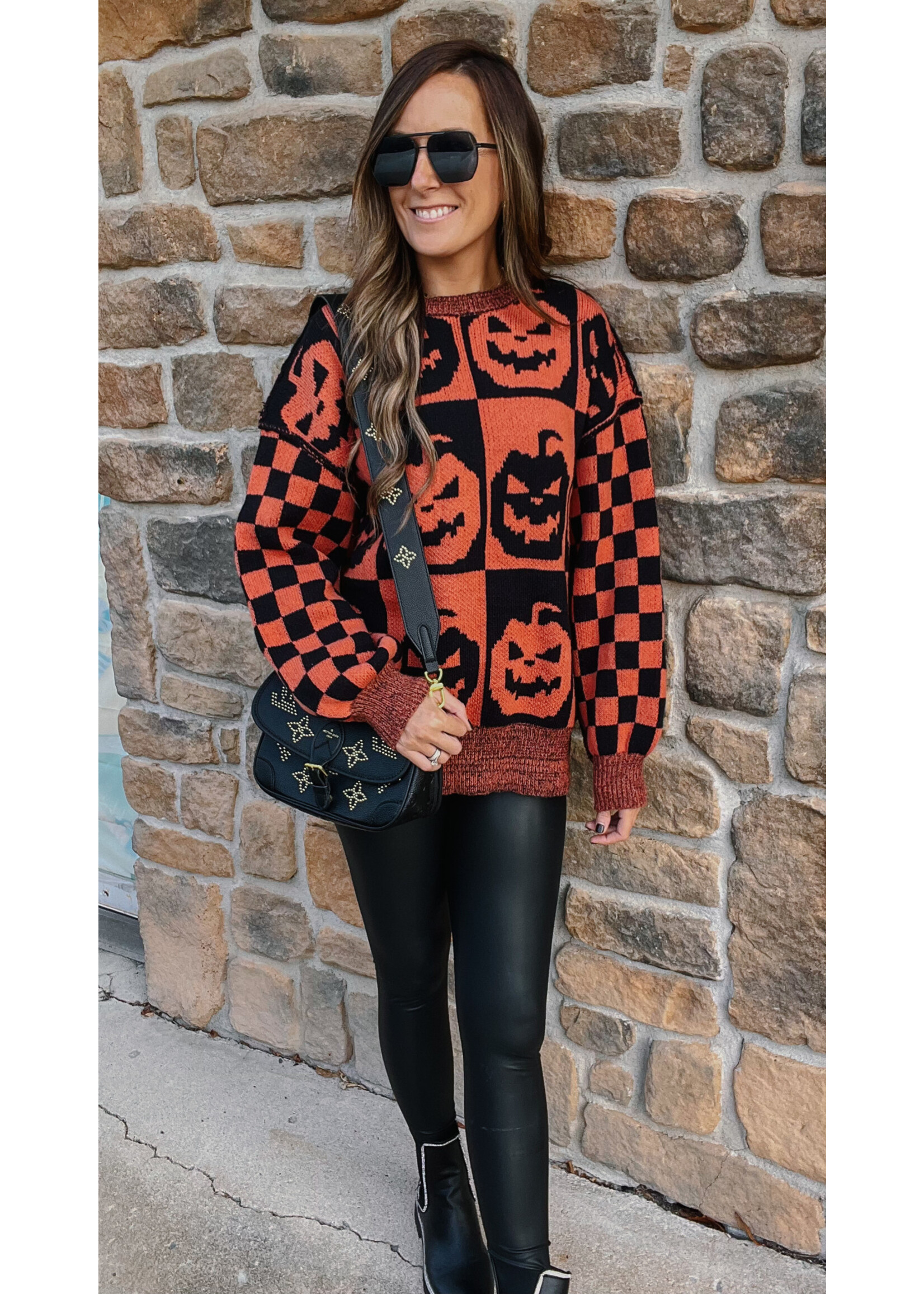 Pumpkin Oversized Checkered Sweater