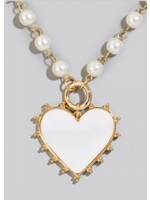 Pearl Necklace with White Enamel Heart Charm