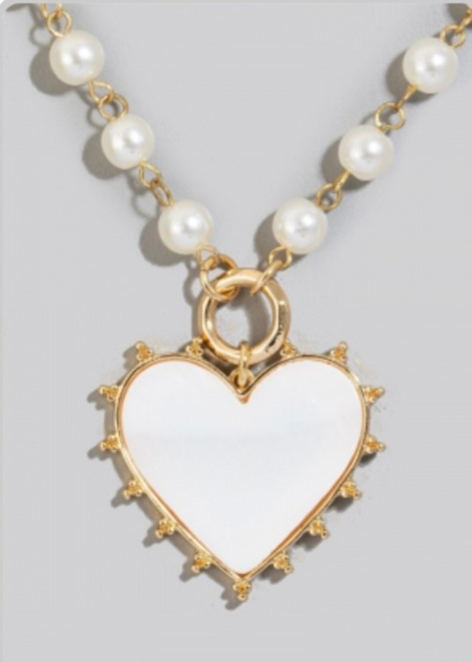 Pearl Necklace with White Enamel Heart Charm
