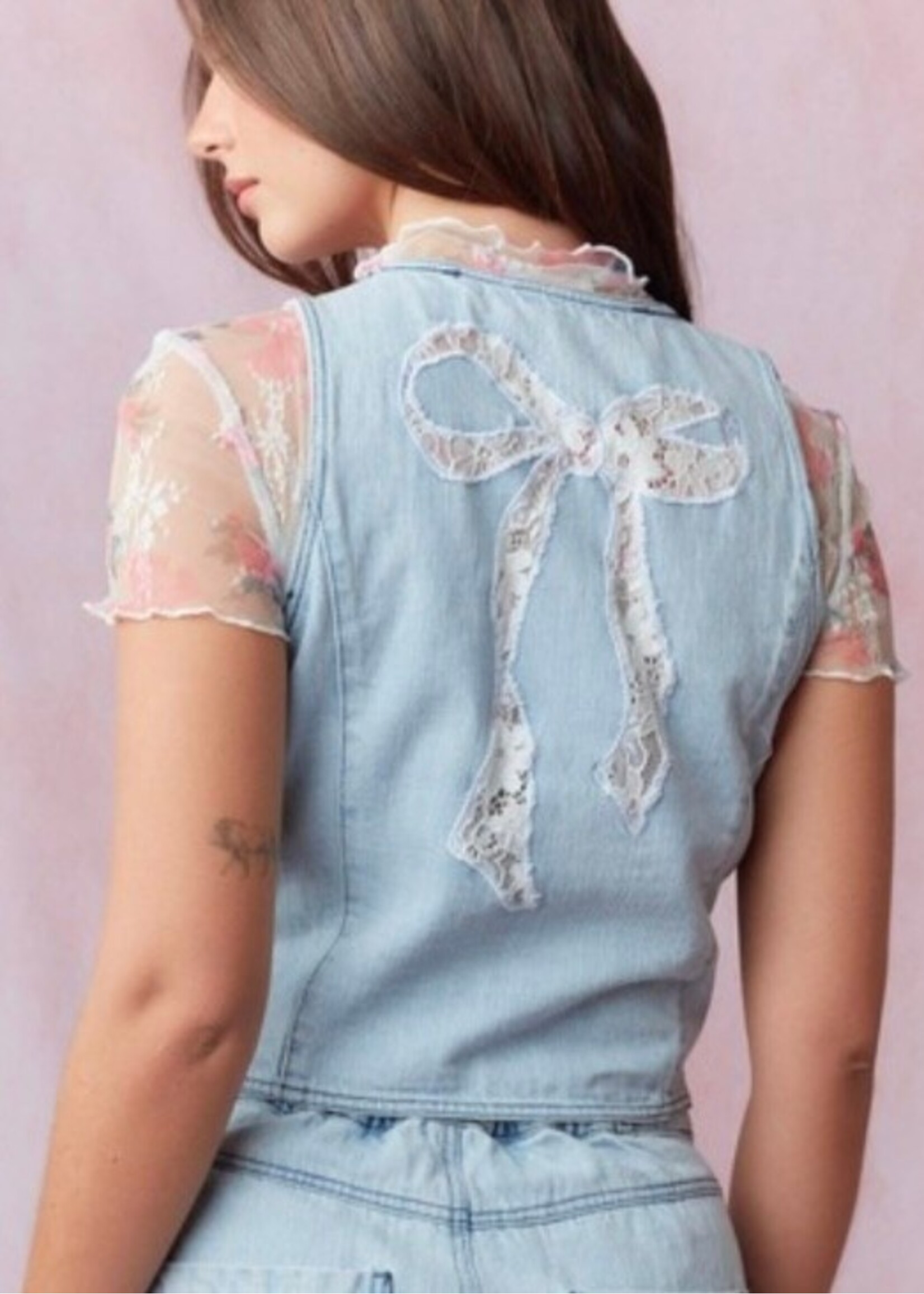Lace Bow Detail Washed Denim Vest