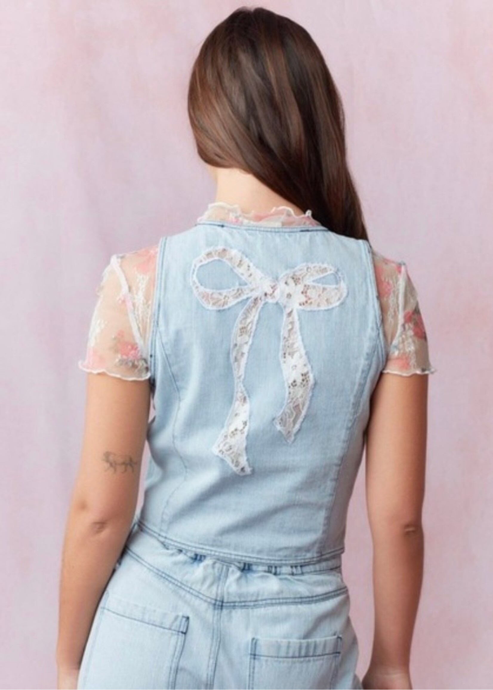 Lace Bow Detail Washed Denim Vest