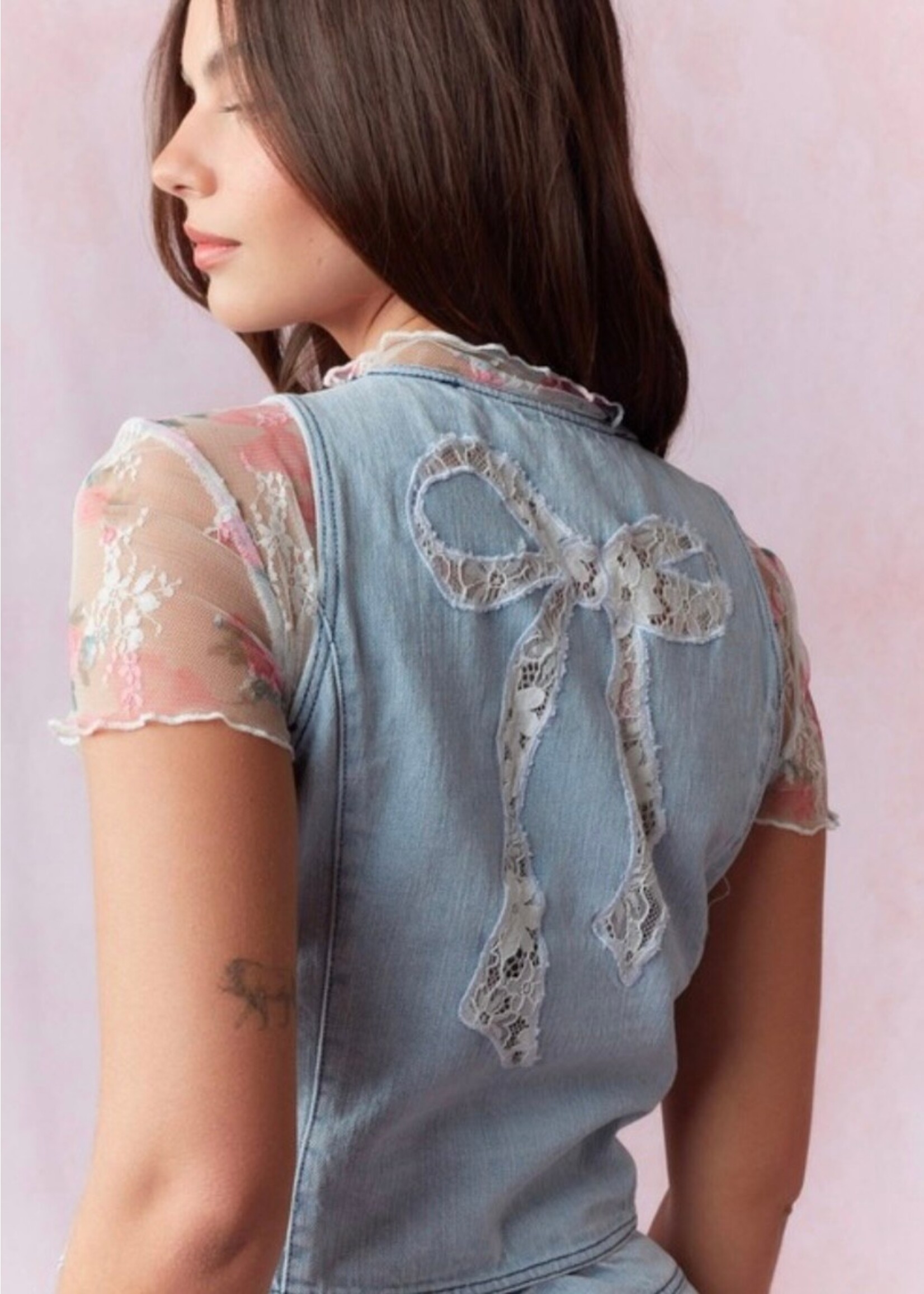 Lace Bow Detail Washed Denim Vest