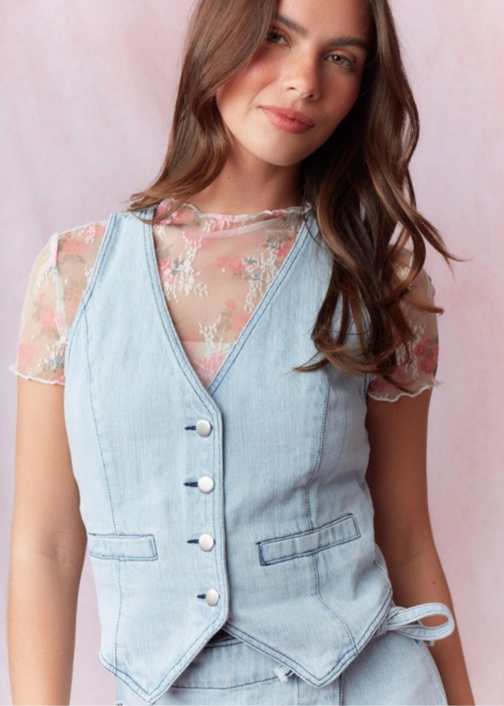 Lace Bow Detail Washed Denim Vest