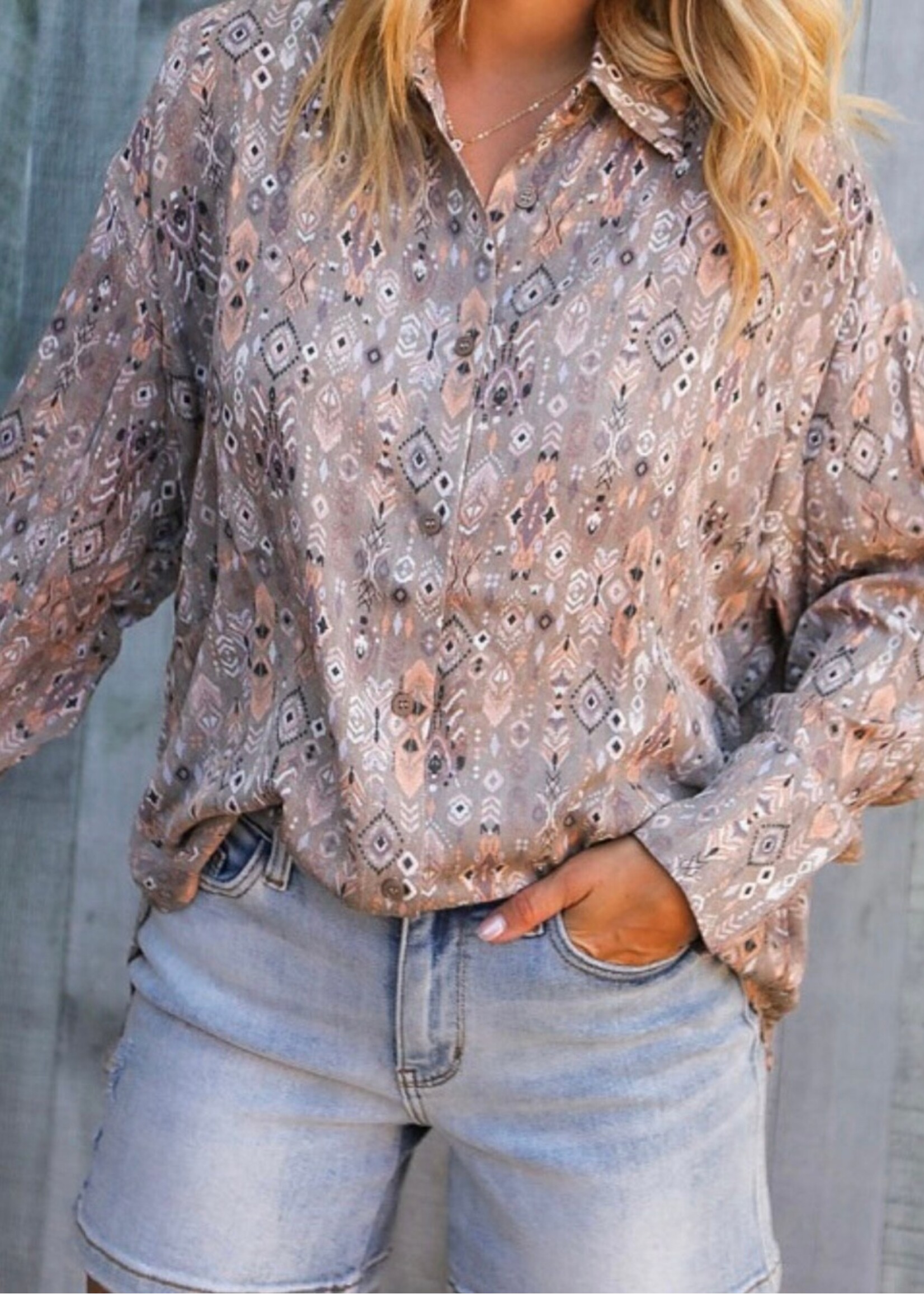 Tyra Aztec Print Button Down