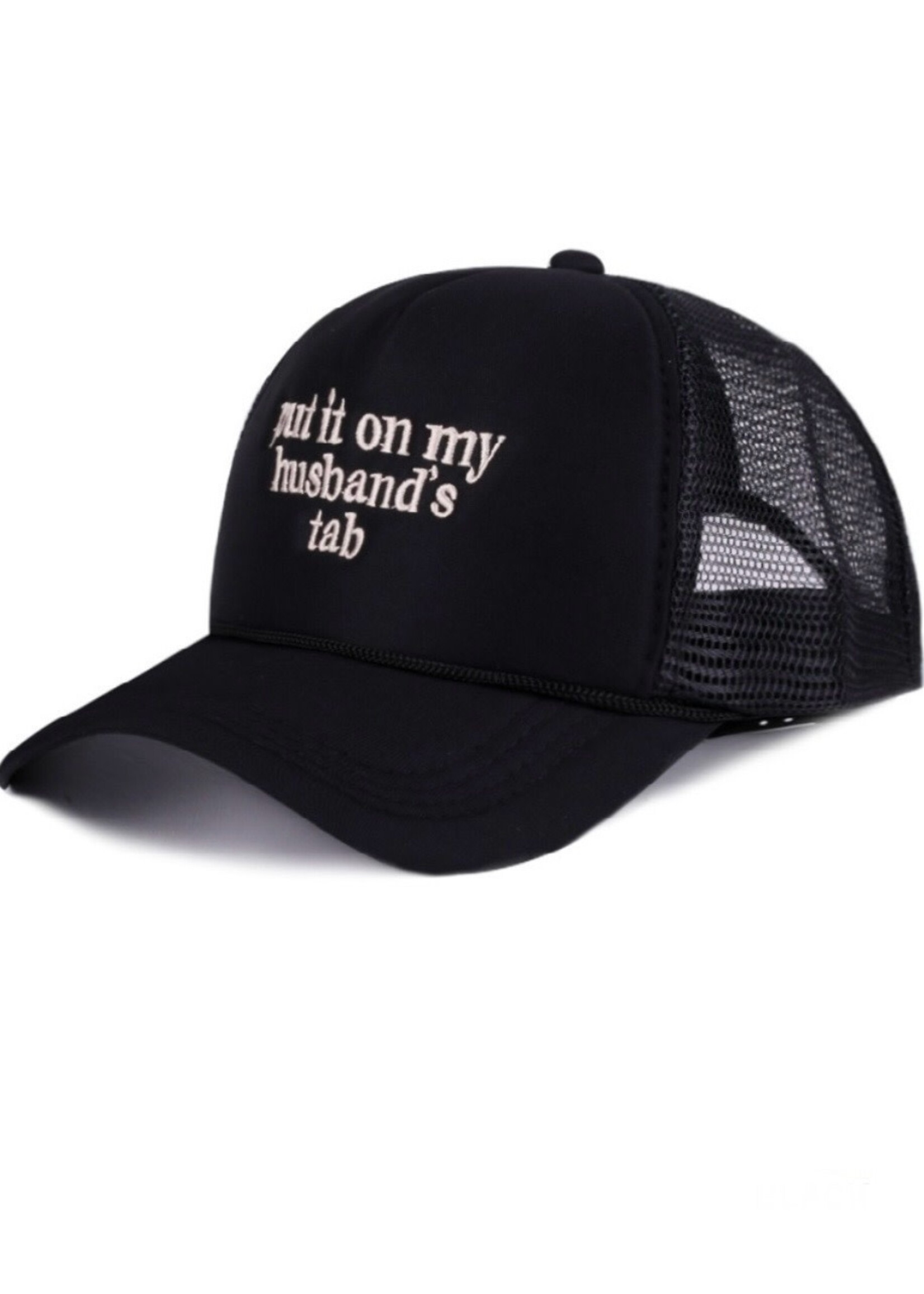 Put it on my Husbands Tab Trucker Hat
