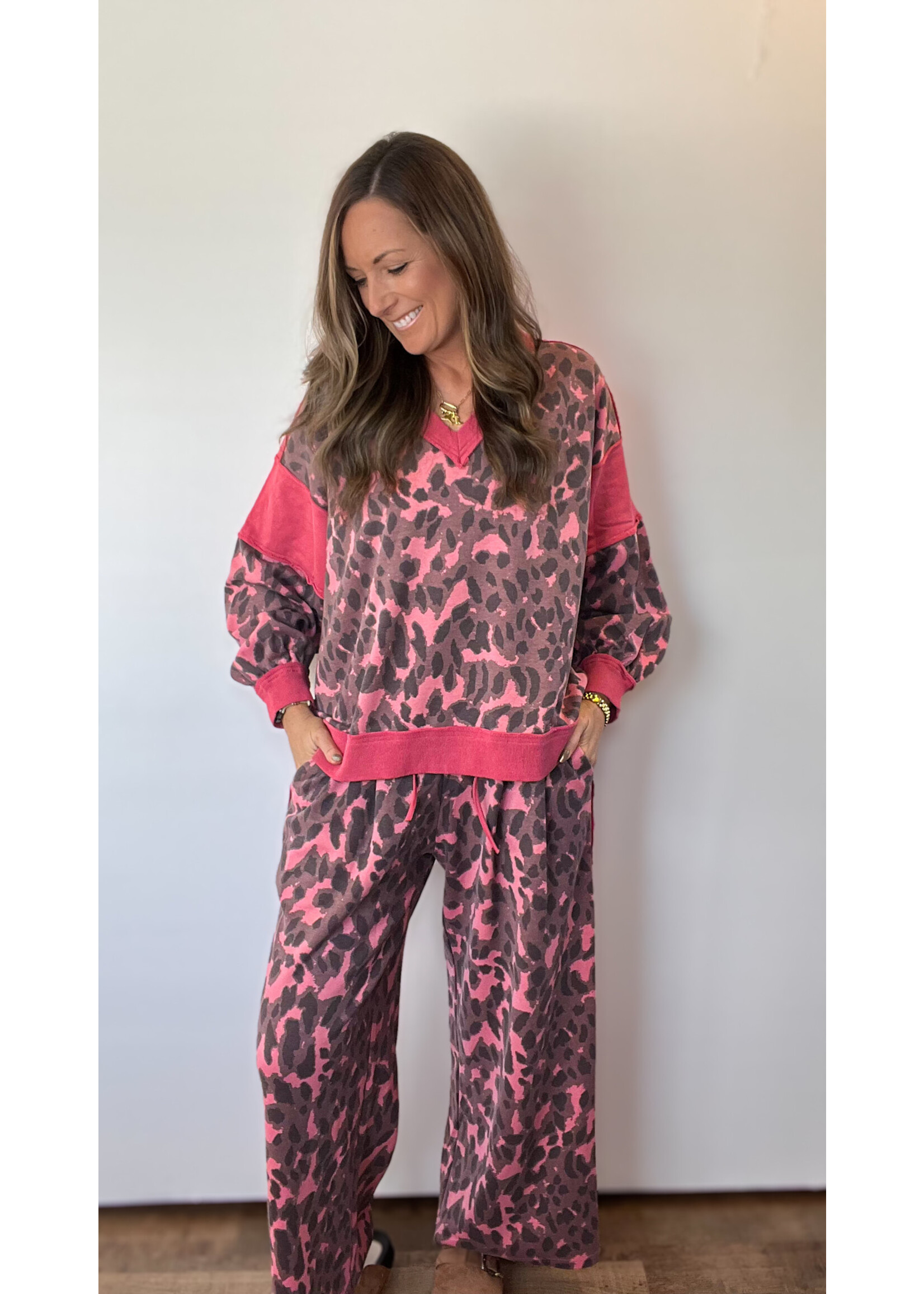 Levan Stripe Leopard Print Wide Leg Pants