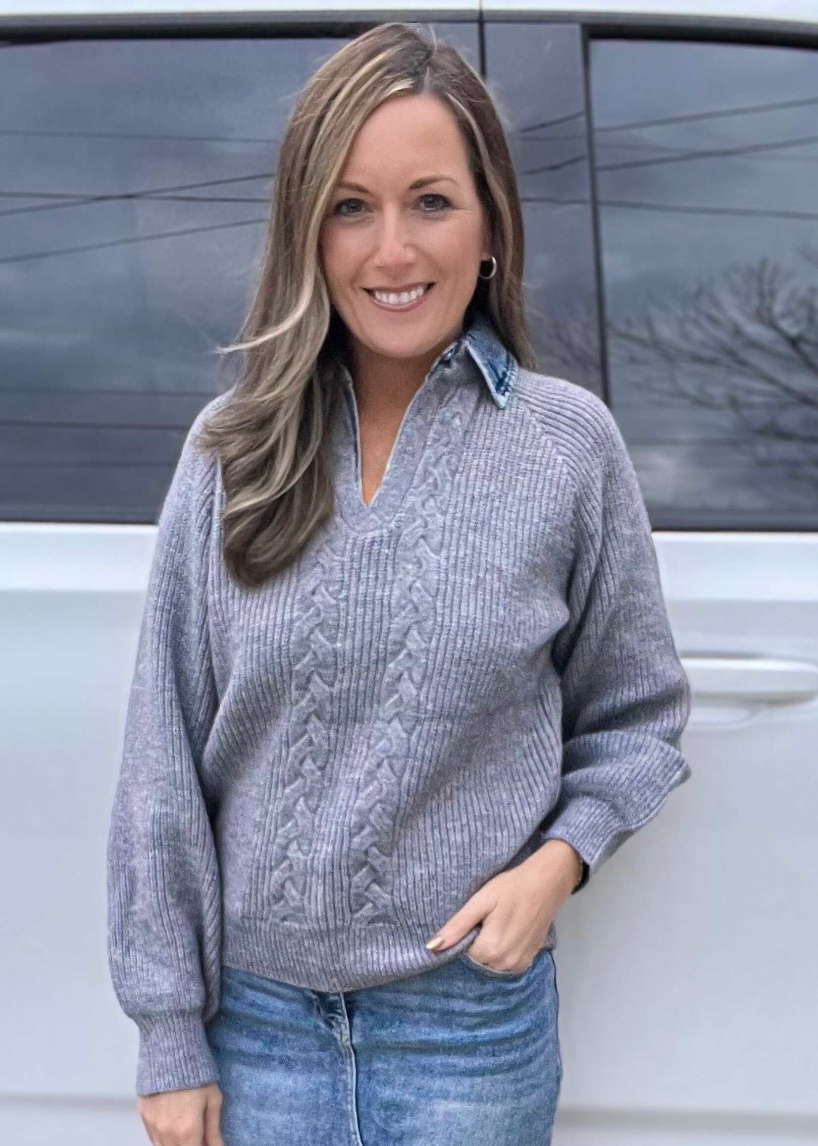 Breezy City Denim Collared Sweater