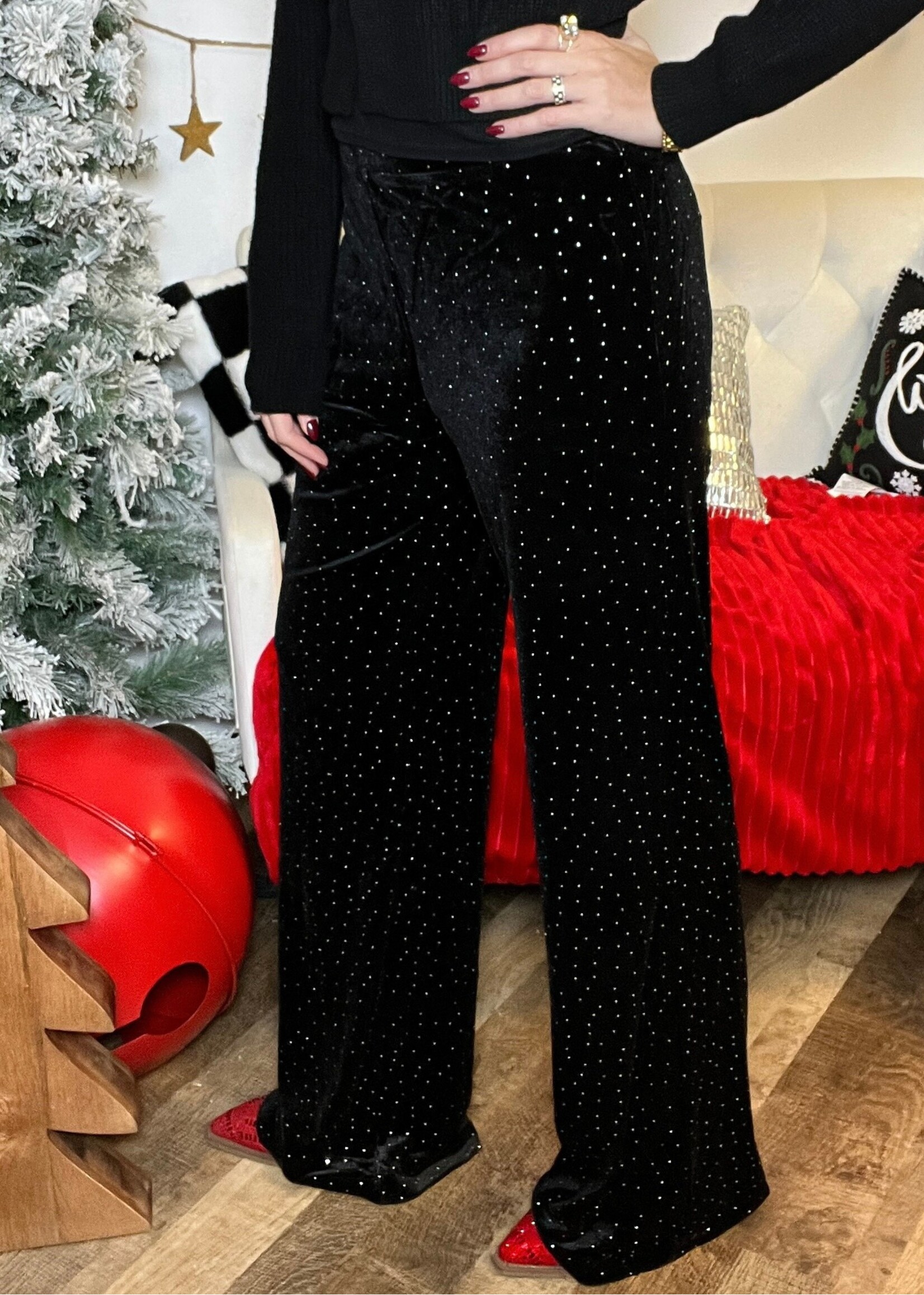 Holiday Charm Rhinestone Velvet Pants