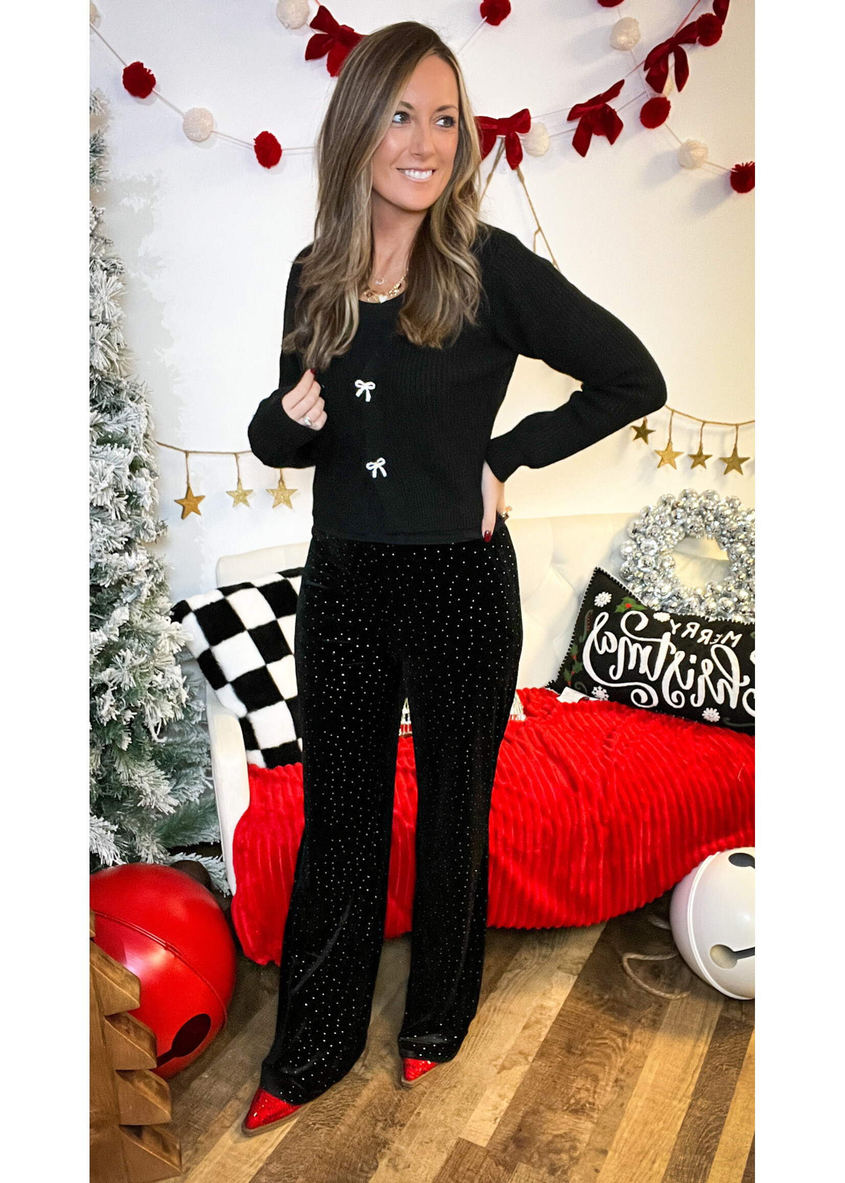 Holiday Charm Rhinestone Velvet Pants