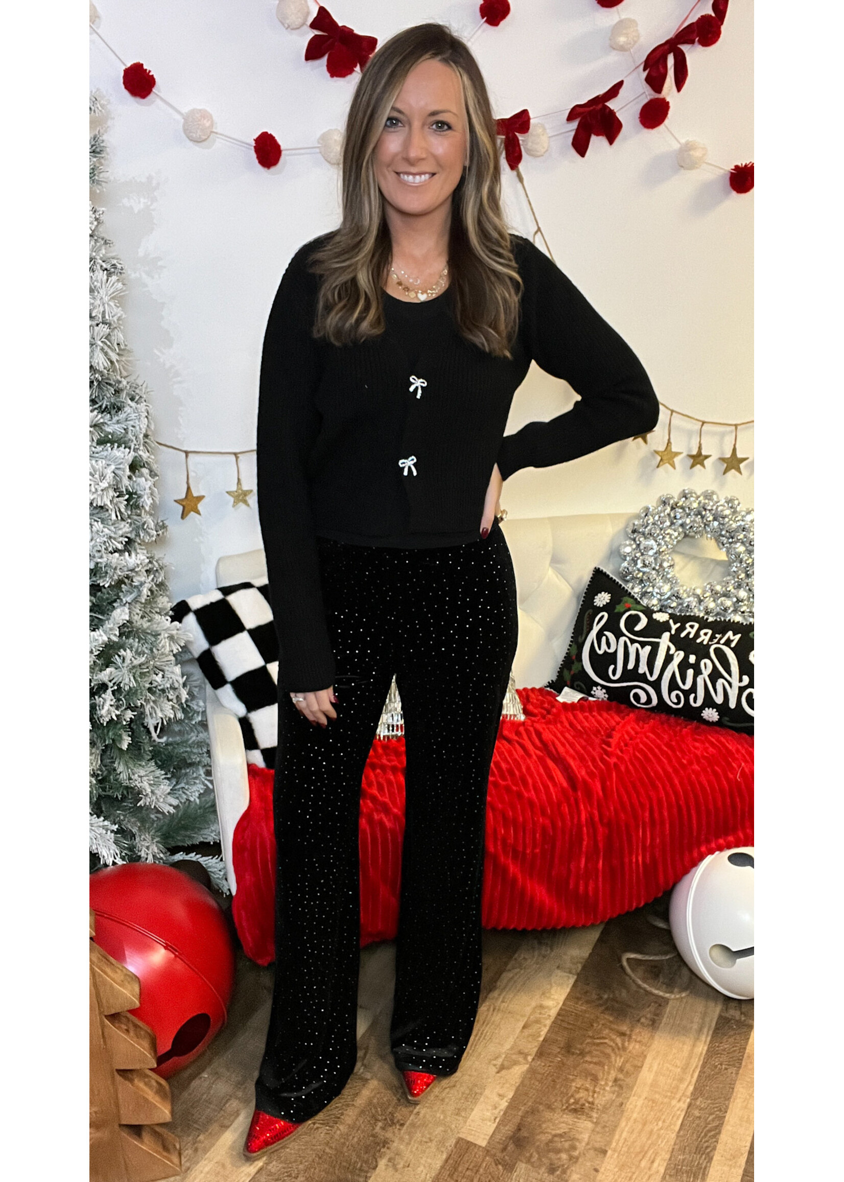 Holiday Charm Rhinestone Velvet Pants