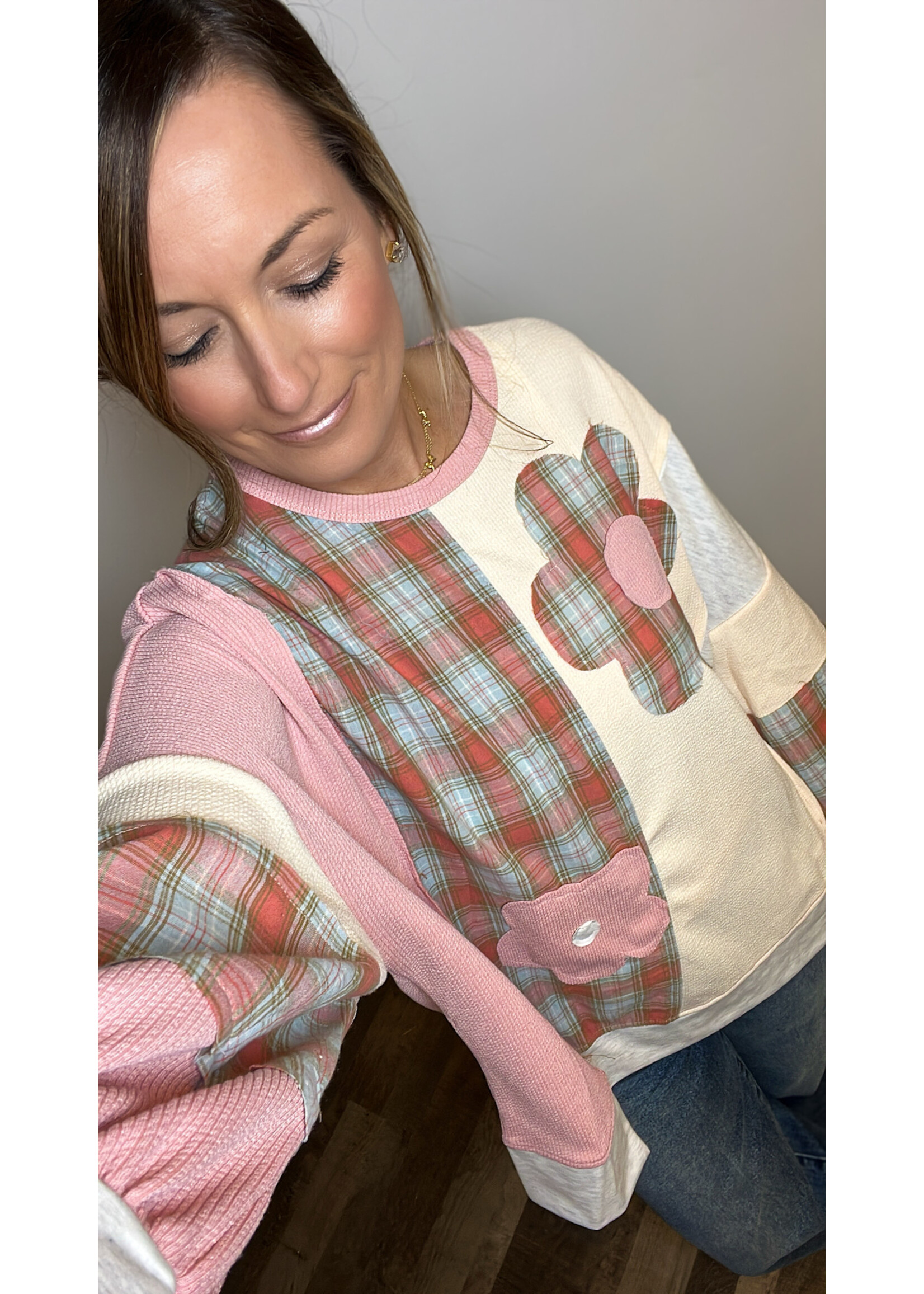 Daisy Patchwork Plaid Colorblock Top