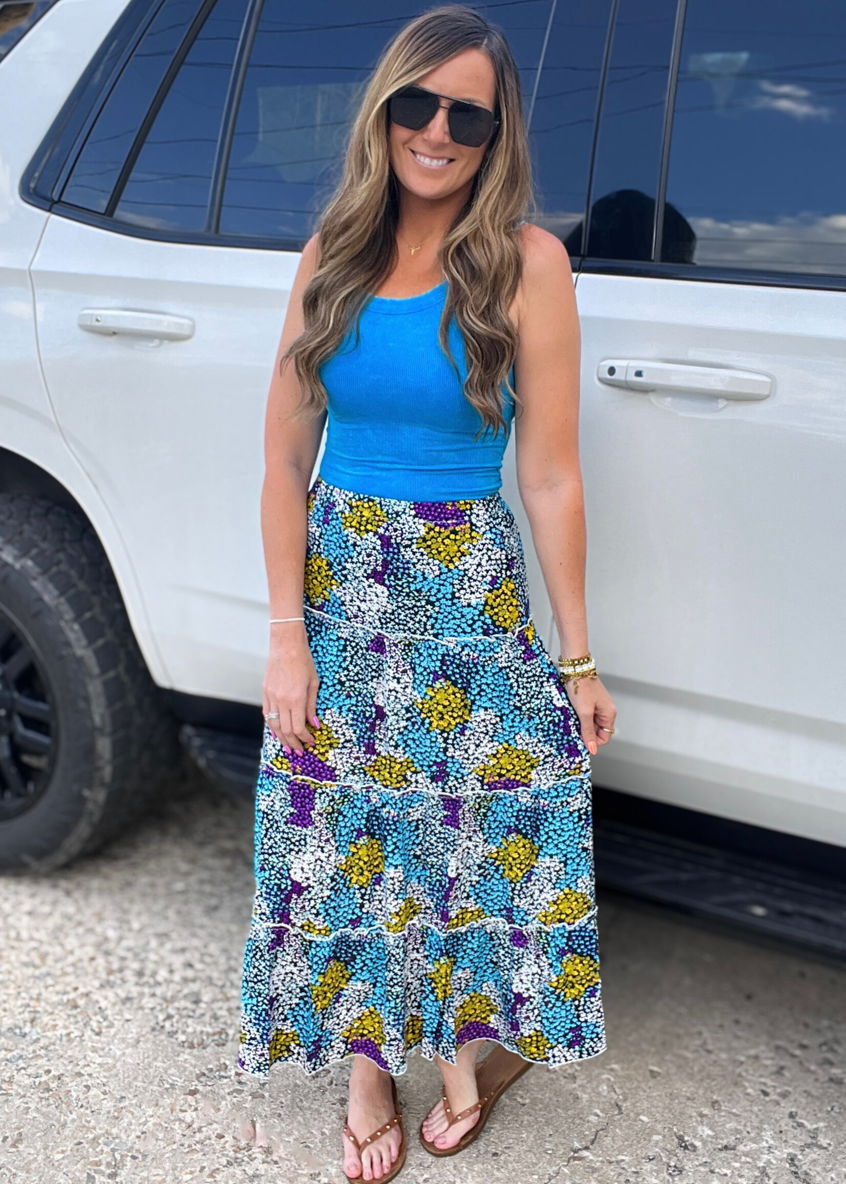 Blue Floral Tired Maxi Skirt