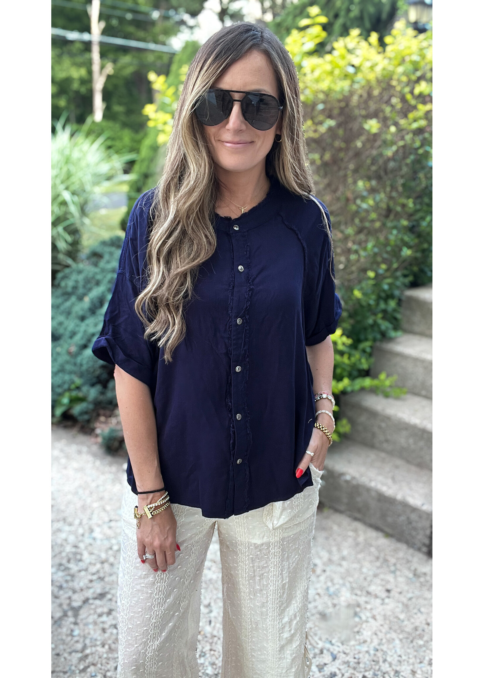 In Time Frayed Button Down Top