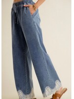 Leena Lace Trim Wide Leg Denim Pants