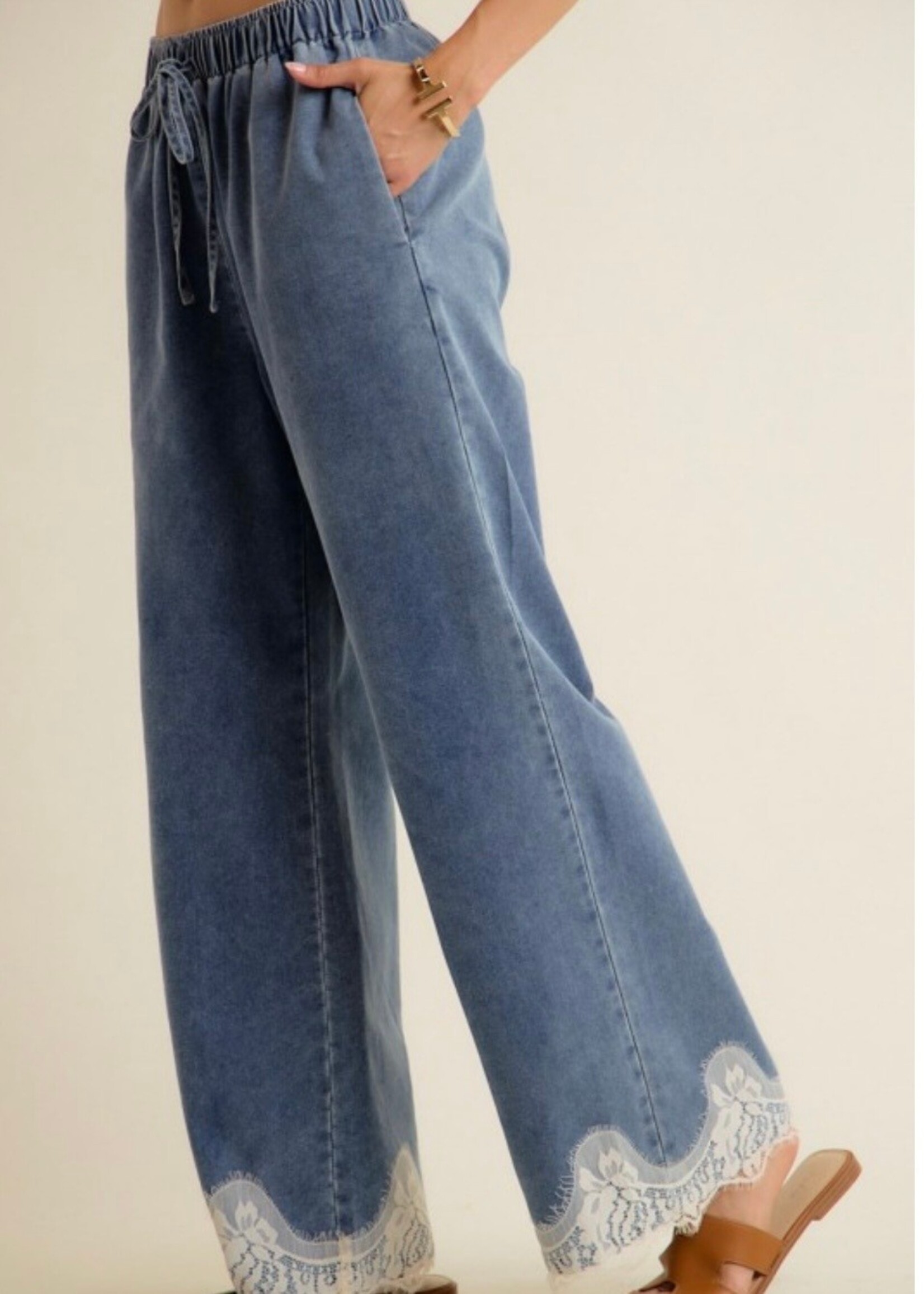 Leena Lace Trim Wide Leg Denim Pants