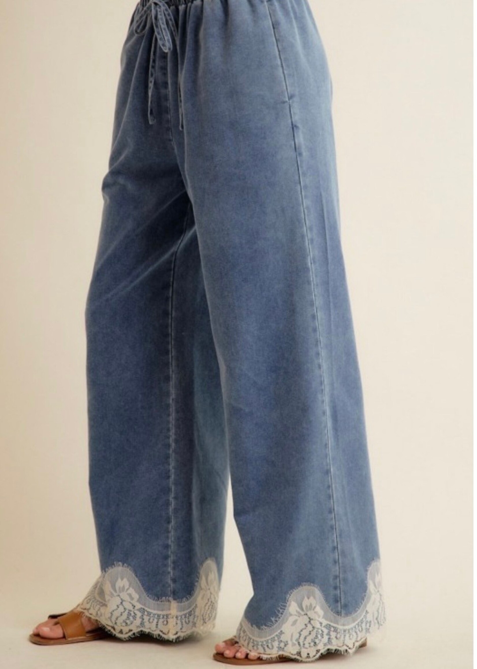 Leena Lace Trim Wide Leg Denim Pants