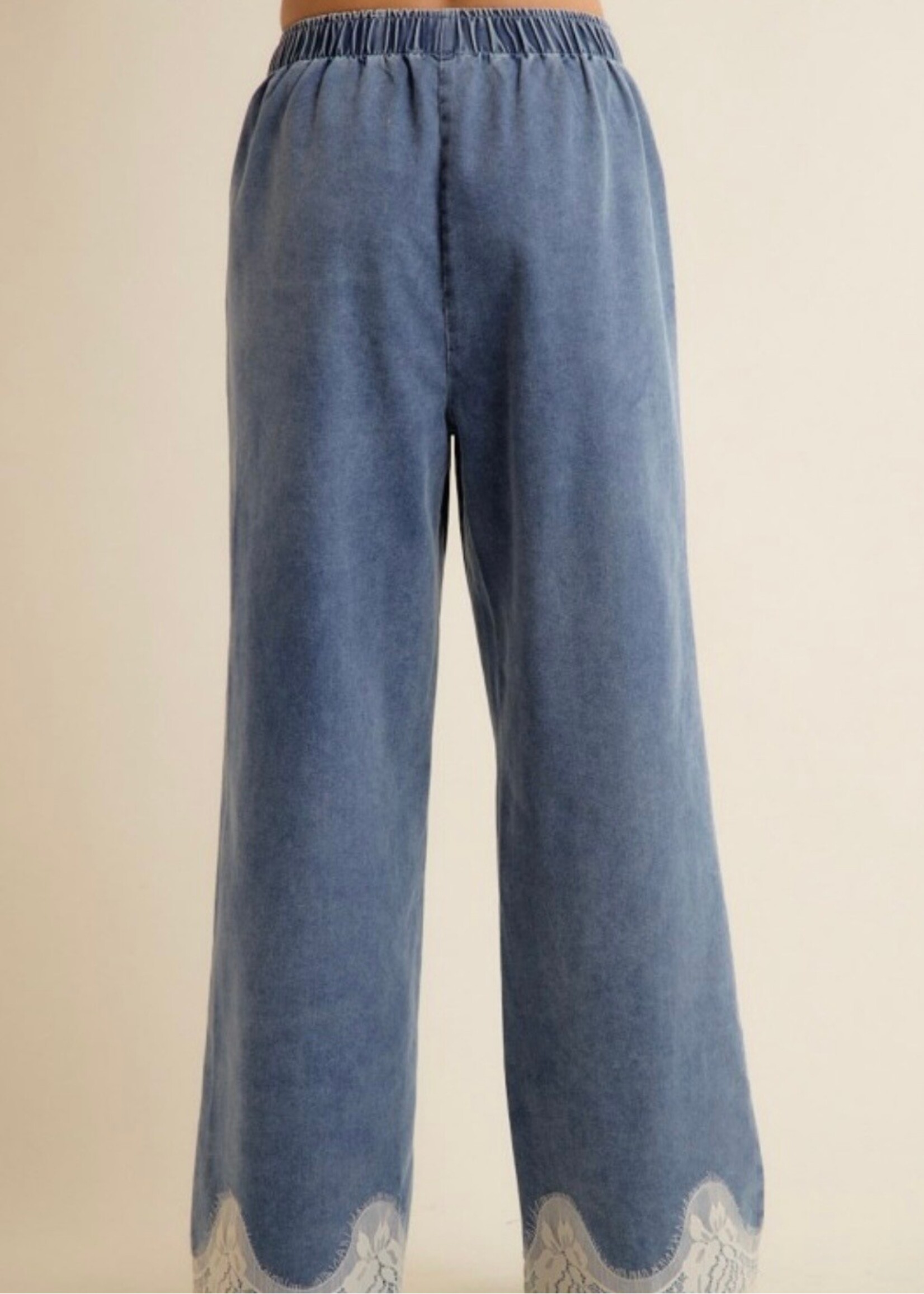 Leena Lace Trim Wide Leg Denim Pants