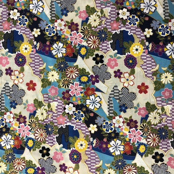  Japanese Fabric - Metallic / Tossed Flowers / Blue / (A) JTF01