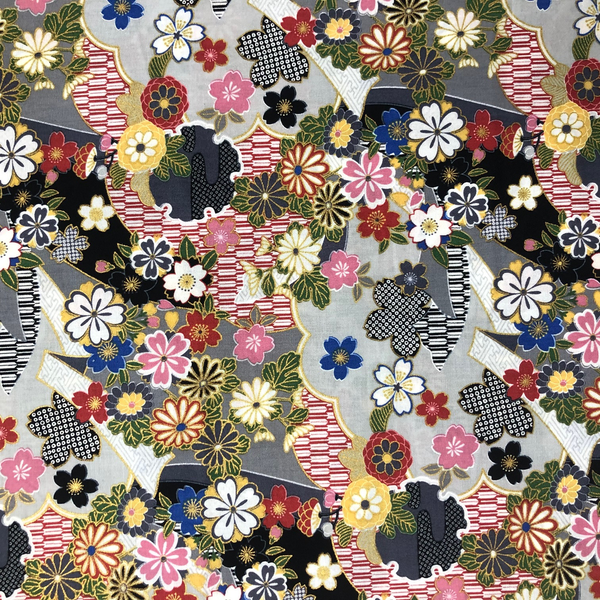  Japanese Fabric - Metallic / Tossed Flowers / Black / (A) JTF05