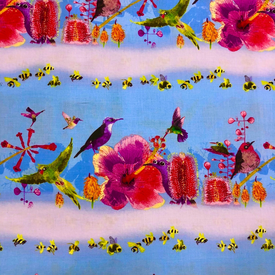 Clothworks Clothworks - Flower Talk - Masha D'yans - Birds & Bee Stripe / Periwinkle / y3008-85
