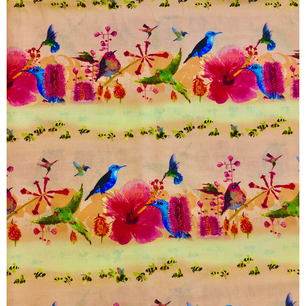 Clothworks Clothworks - Flower Talk - Masha D'yans - Birds & Bee Stripe / Light Orange / y3008-35