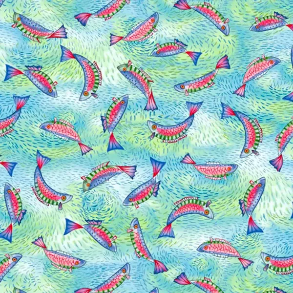  QT Fabrics - Julia Cairns / Joyful Days / Fish Toss / Blue Green / 20672-BH