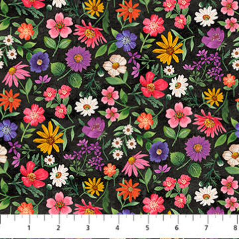 Northcott - Hide And Seek / Small Flowers / Black /  DP27649-99