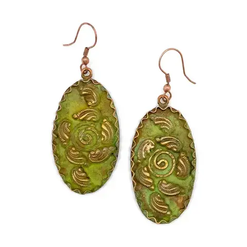 Anju - Copper Patina Earrings - Filigree with Spiral Green Ovals