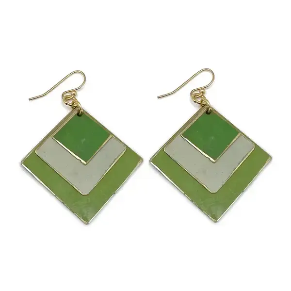 Anju Anju - Brass Patina Earrings - Green Meadow Layered Diamonds