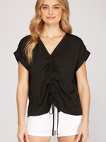 She & Sky Short Sleeve Ruched Tie Top - Black
