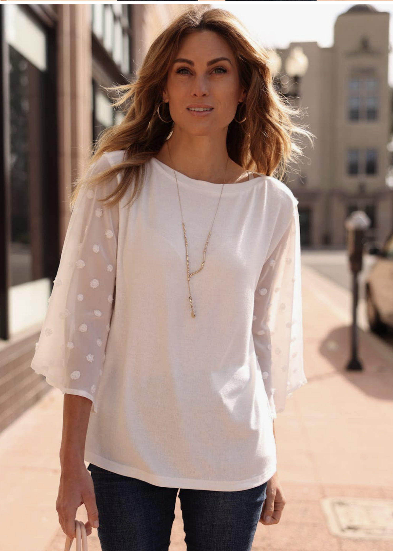 White Top Sheer Dot Sleeves