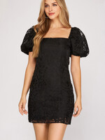 She & Sky Black Lace Puff Sleeve Dress