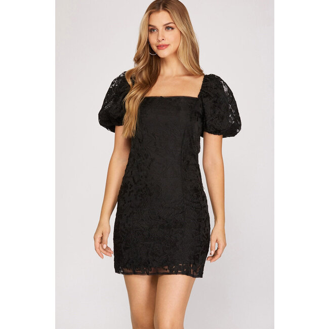 She & Sky Black Lace Puff Sleeve Dress