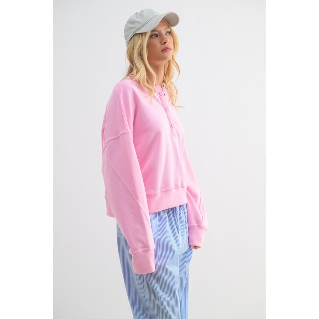 Relaxed Cropped Henley - Pink