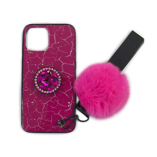 For Apple For Apple iPhone 13 Mini 5.4 Marble Glitter Case with Fur Ball & Strap