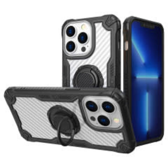 For Apple For Apple iPhone 13 6.1 (2 Cameras) Carbon Fiber Design Fused Magnetic Ring Stand Case Cover