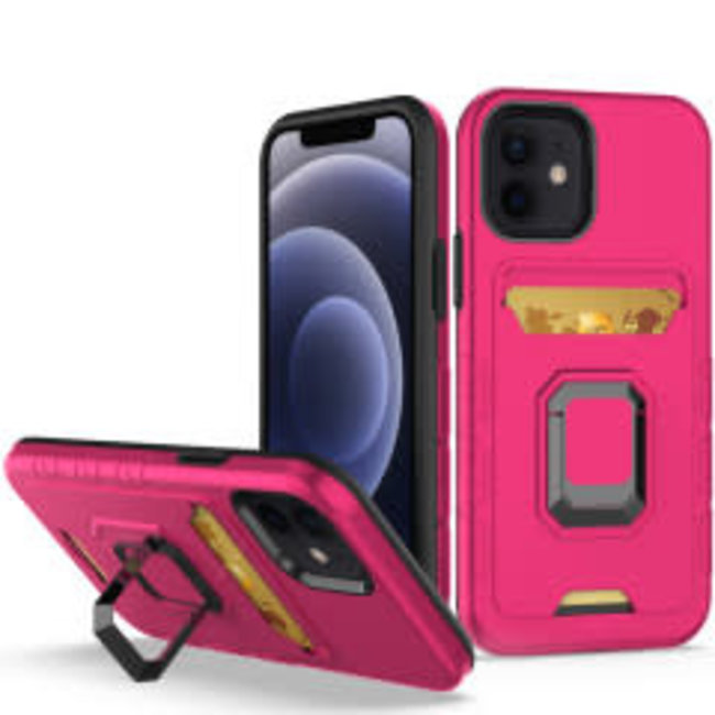 For Apple For Apple iPhone 13 6.1 (2 Cameras) Card Holder with Magnetic Ring Stand Hybrid Case Cover