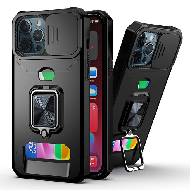 For Apple For Apple iPhone 12 & iPhone 12 Pro (Open Camera Hole) Multi-Functional Card Magnetic Ring Stand Hybrid Camera Case Cover