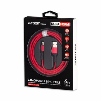Argom Lightning to USB 2.0 -Nylon Braided -Dura Form Metal Connector -Fast Charging 6FT - RED