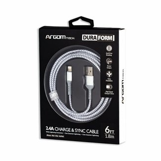 Argom Lightning to USB 2.0 -Nylon Braided - Dura Form Metal Connector - Fast Charging 6FT - WHITE