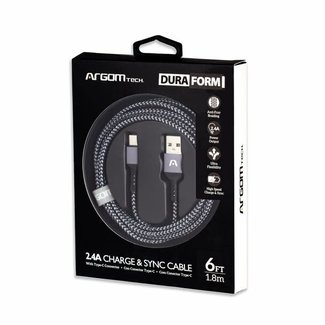 Argom Type-C to USB 2.0 - Nylon Braided -Metal Connector - Fast Charging 6FT  Black