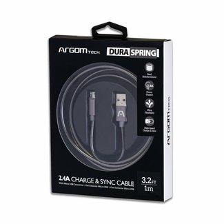 Argom Micro USB to USB 2.0 - Metal Braided Body - Dura Spring Connector  Tough Pull -  Fast Charging  3.2FT - GREY